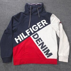 Tommy Hilfiger Denim Hoodie Men Medium Blue White Red Cotton Colorblock Logo